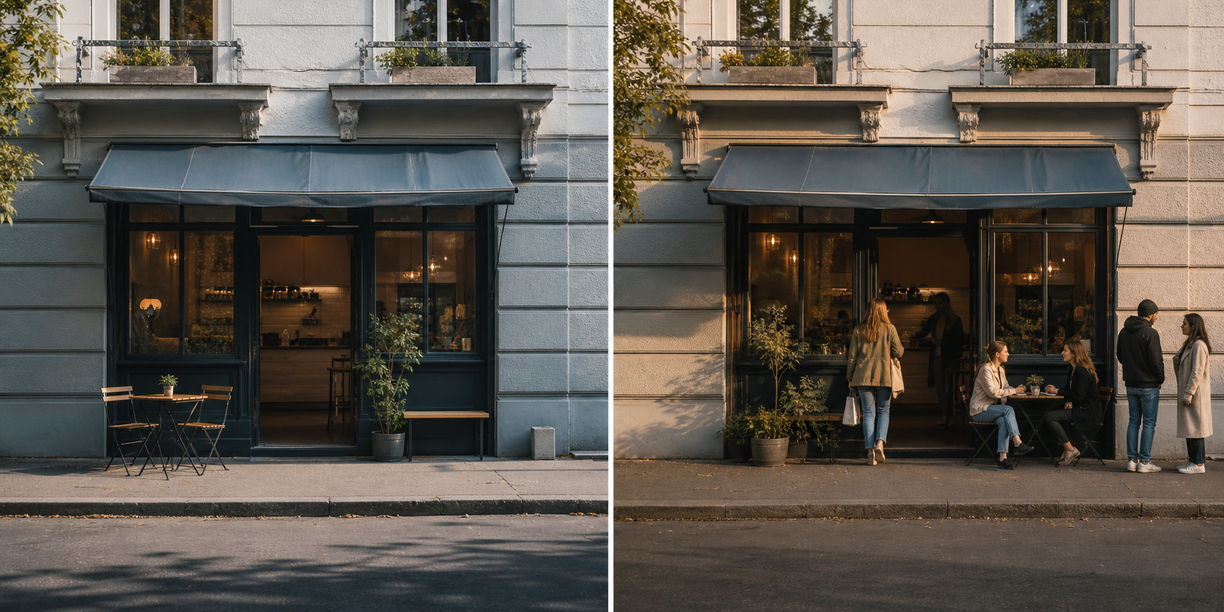 Beispiel eines lokalen Cafés: ruhig und später belebt